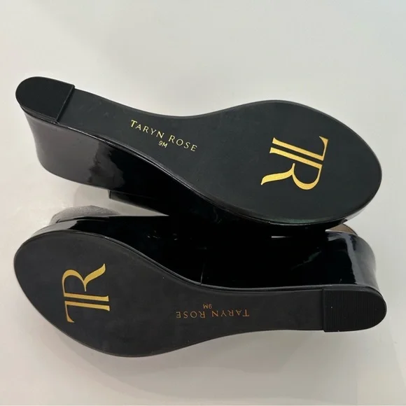 Taryn Rose Tri-Star Black Patent White Rose Wedge Sandals NWT Women’s Size 9 - Picture 7 of 11